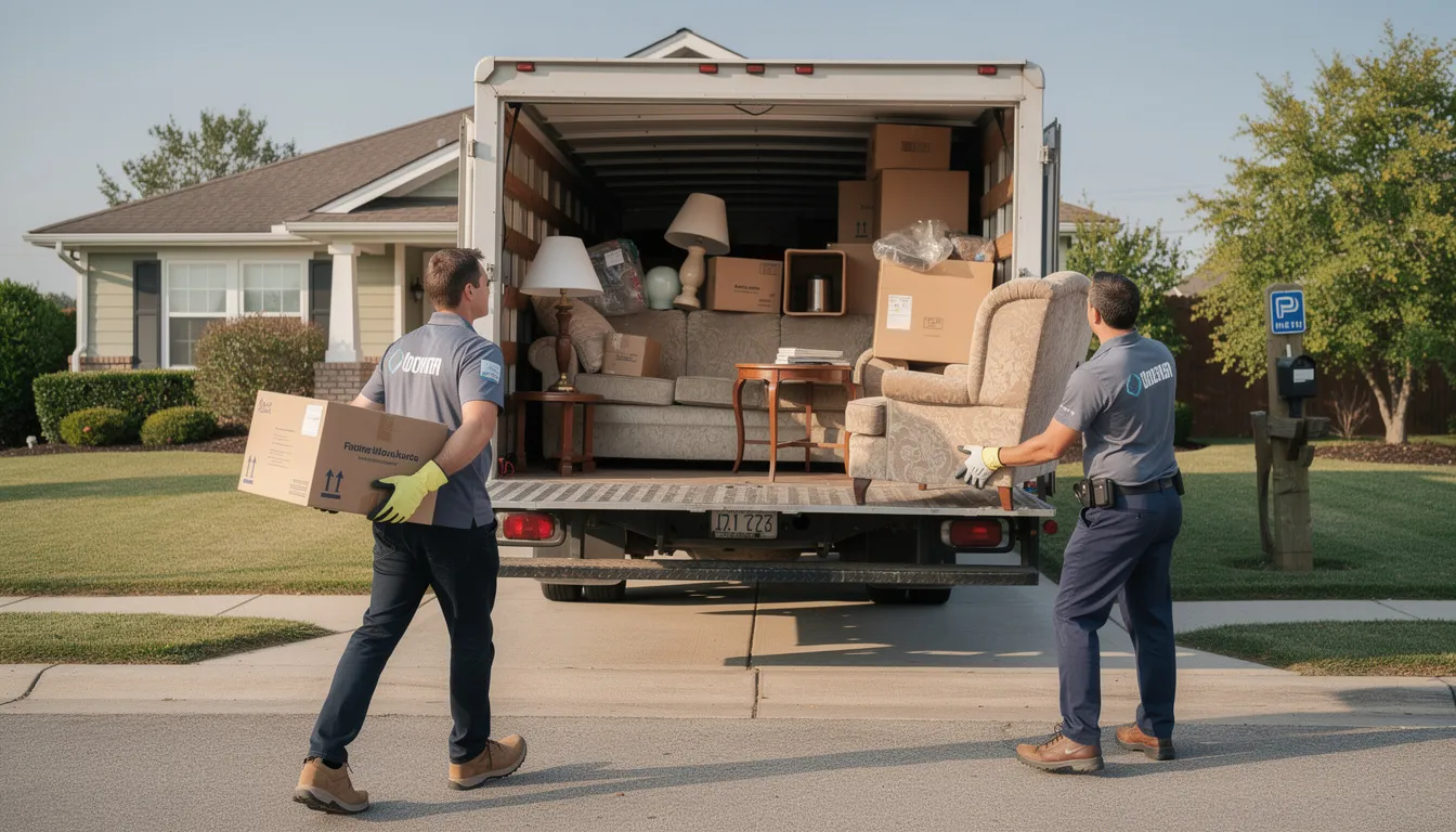 A professional team of workers is efficiently loading furniture and boxes into a junk removal truck, showcasing their reliable junk removal services for both residential and commercial clients. The scene reflects a stress-free environment as they handle all the heavy lifting, helping homeowners clear out unwanted items.