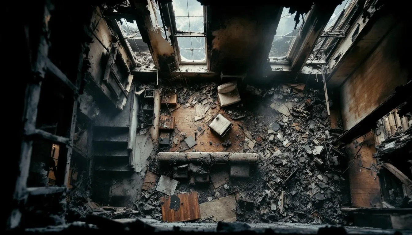An overview of a fire damaged house showing signs of smoke and fire damage.