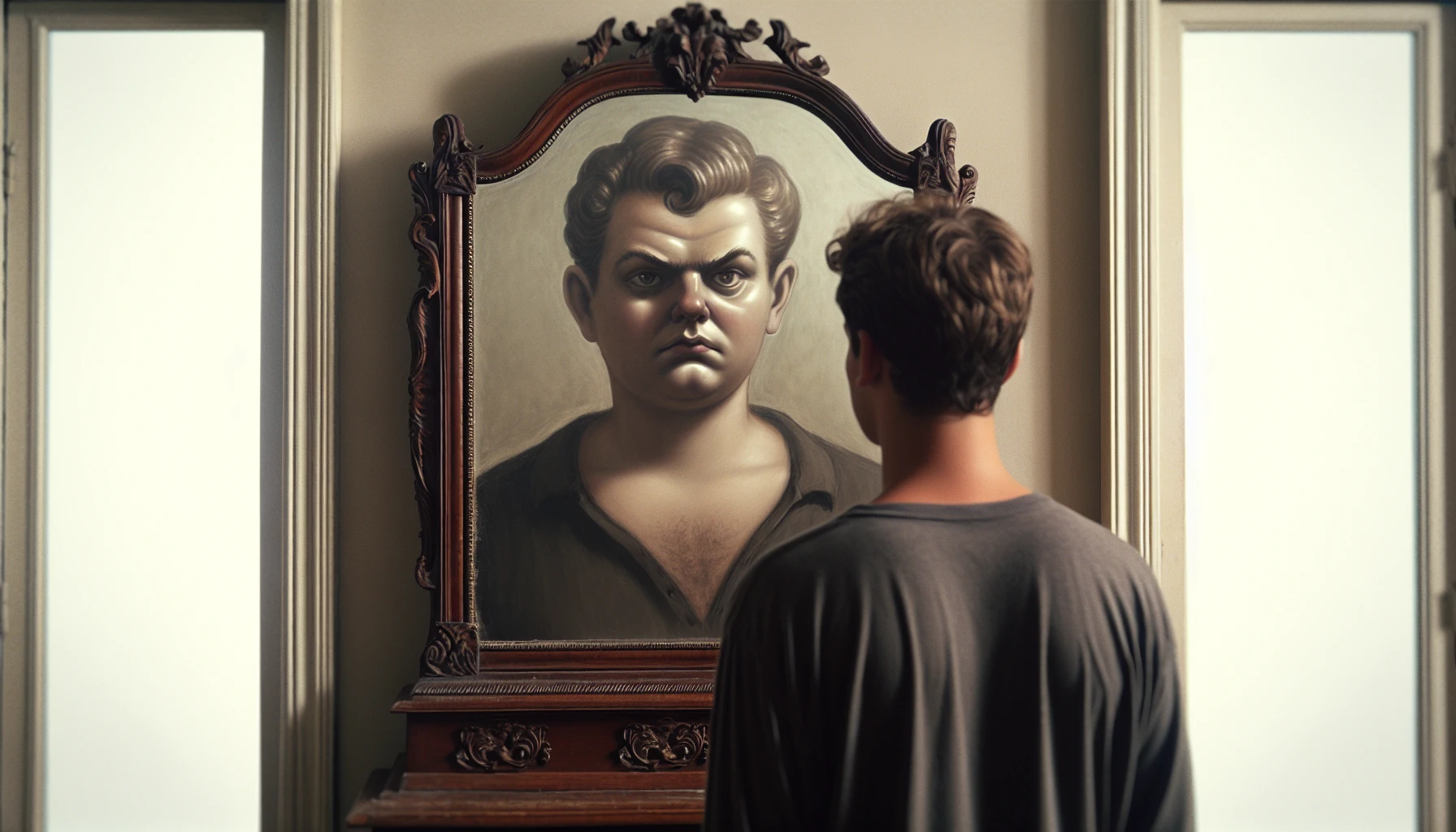 Illustration of a person looking in the mirror with an exaggeratedly large reflection, symbolizing narcissistic traits
