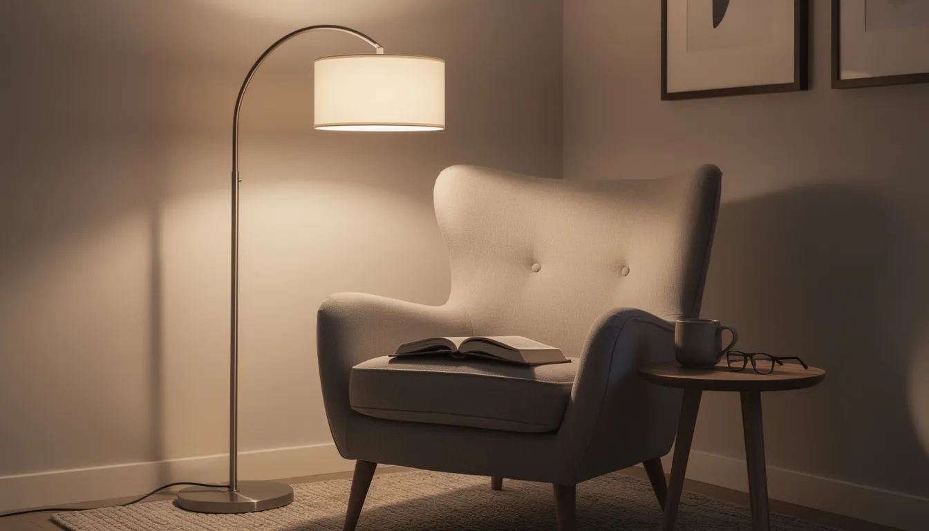En elegant golvlampa med en böjd arm står bredvid en bekväm läsfåtölj i ett mysigt hörn av rummet. Lampan ger ett varmt ljus som skapar en inbjudande stämning, perfekt för avkoppling och läsning.