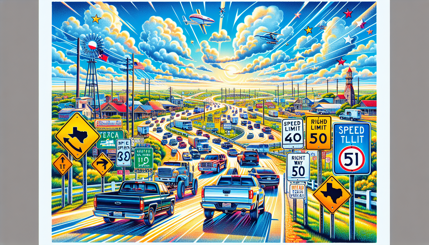 An illustration depicting key Texas driving rules including road signs and vehicles.