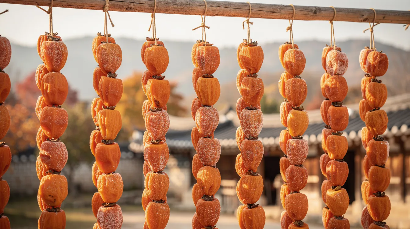 The image features traditional Korean dried persimmons hanging on strings against a natural backdrop, showcasing their vibrant orange color. These dried fruits are a great healthy snack option, offering numerous health benefits and a sweet taste without added sugar.