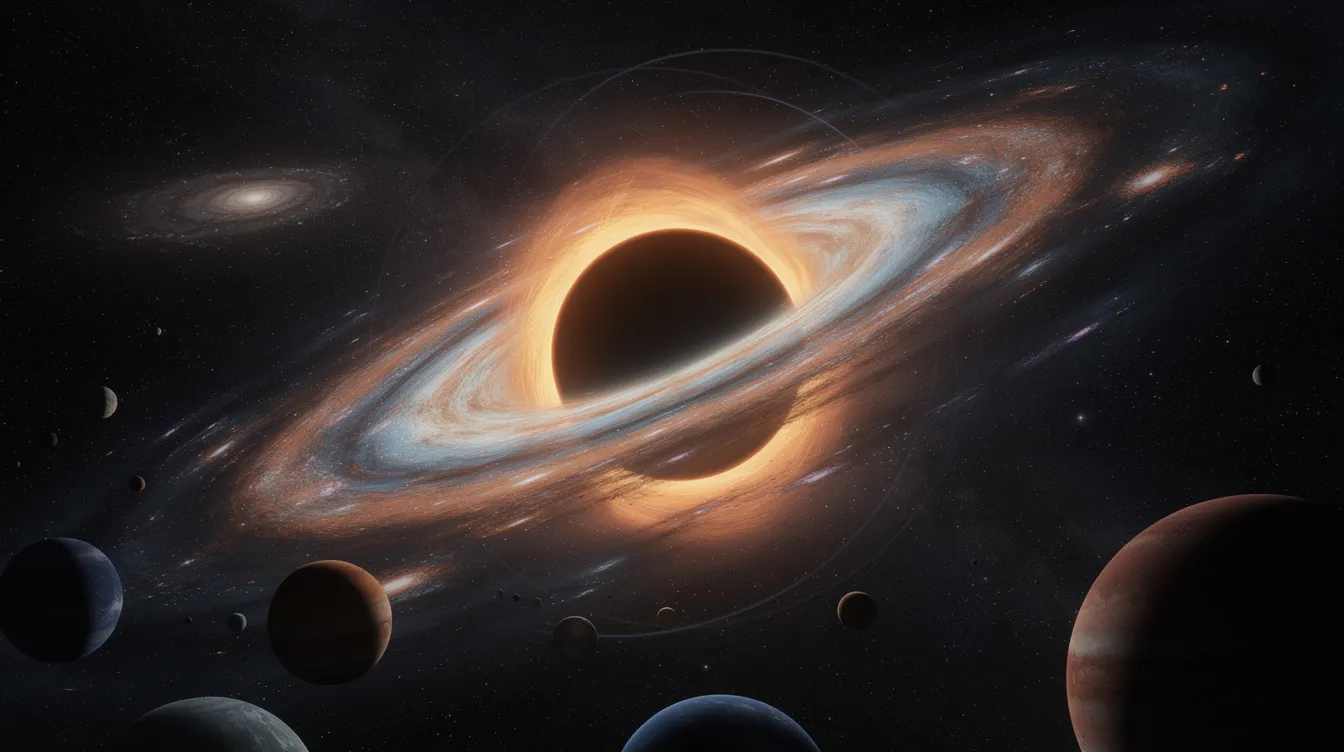 Das Bild zeigt ein massives Schwarzes Loch, umgeben von einer leuchtenden Akkretionsscheibe, die das Licht krümmt. Im Vordergrund sind Planeten zu sehen, die in dieser beeindruckenden Science-Fiction-Szene an das epische Weltraumwerk „Interstellar“ erinnern.