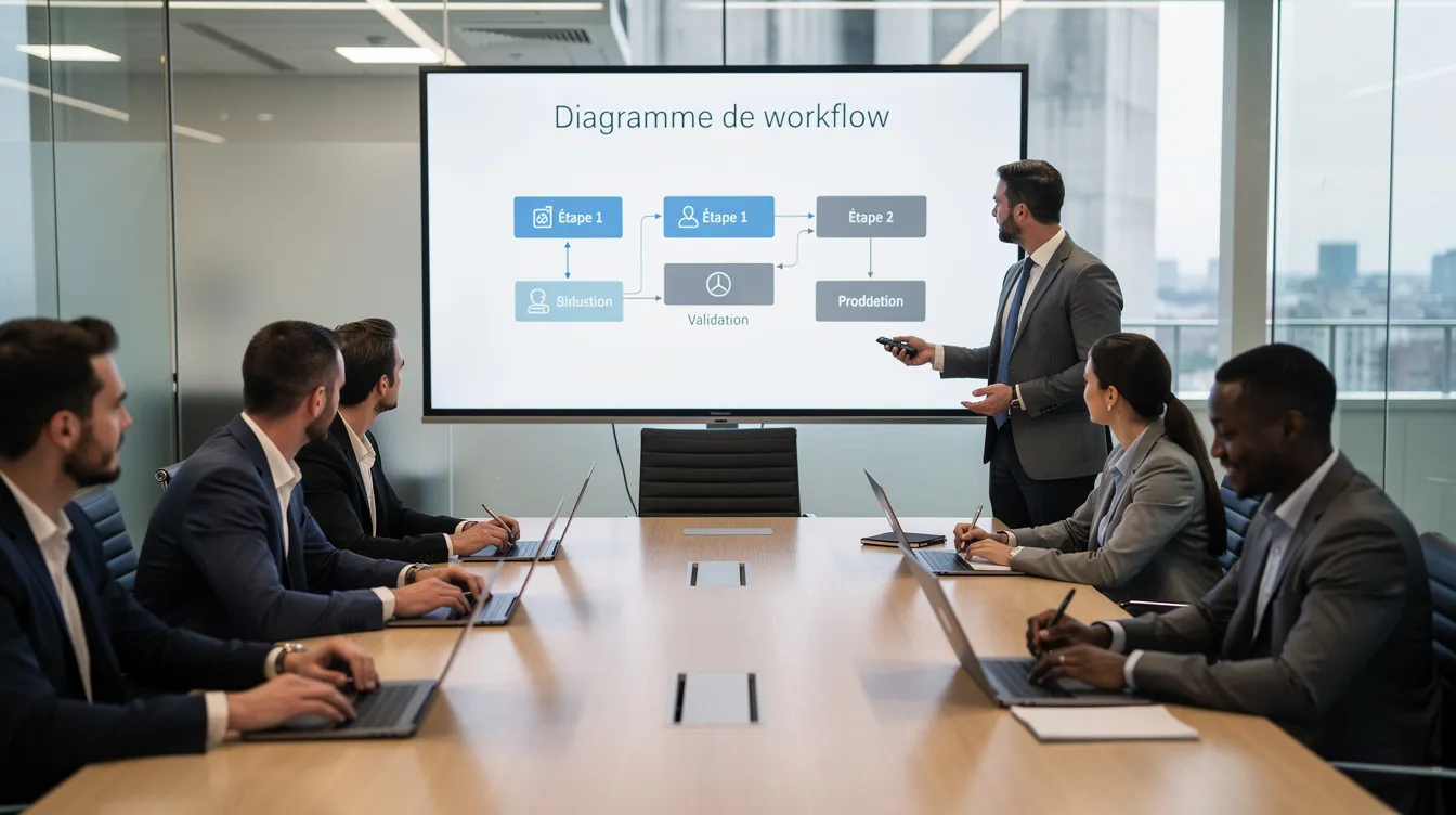 Team in a meeting in front of a screen showing document workflow diagrams.