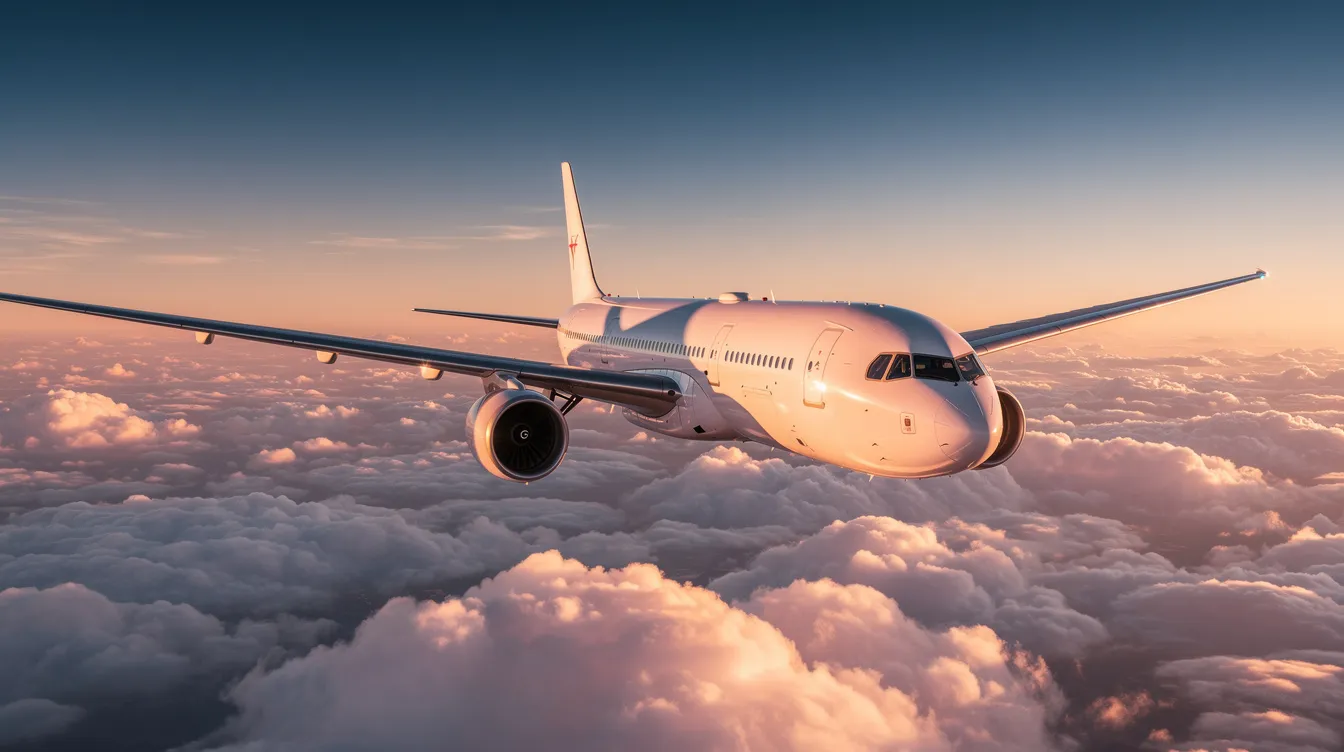 A large wide-body commercial airplane soars above a sea of clouds during a stunning golden hour sunset, showcasing the majesty of aviation. This scene highlights the complex aircraft that pilots fly, reflecting the career opportunities and salaries within the aviation industry.
