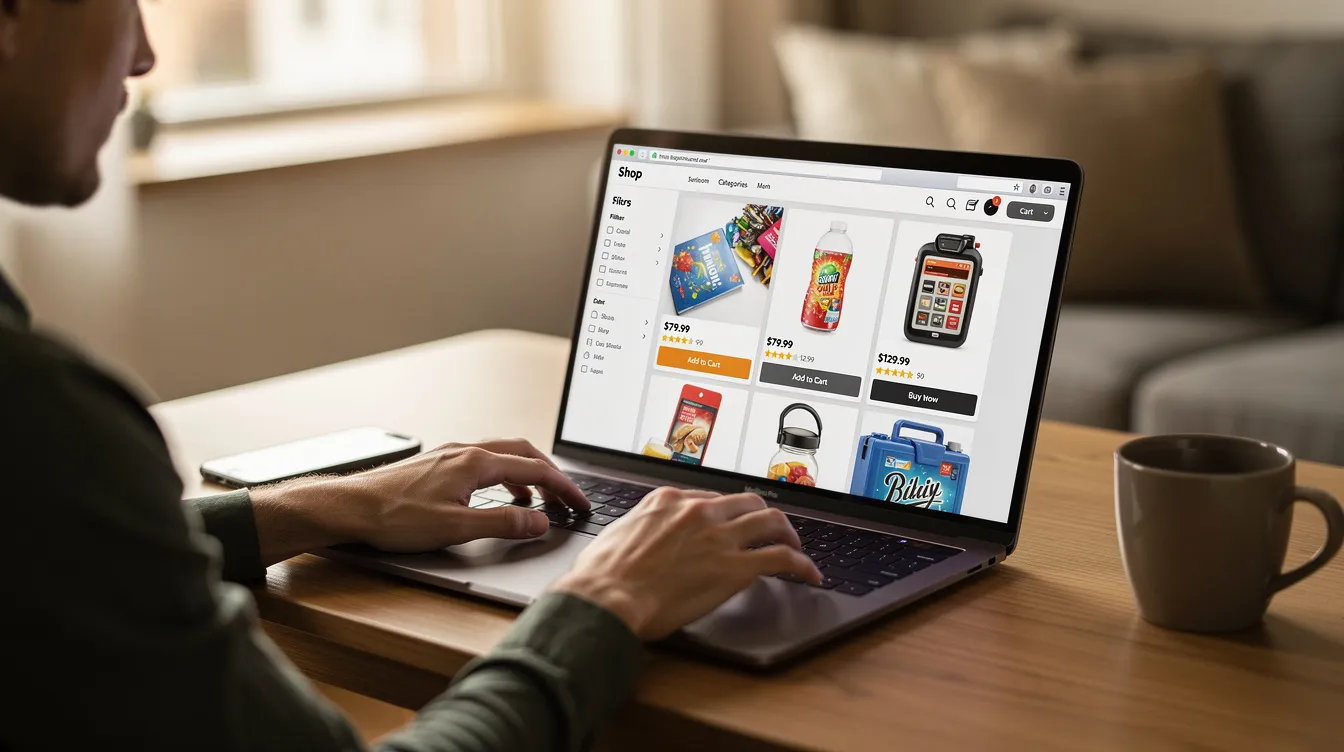 The image depicts a person shopping on a laptop, with various product pages displayed on the screen, showcasing an ecommerce experience. This scene highlights the importance of digital marketing strategies, such as search engine optimization and keyword research, in enhancing online visibility for businesses.