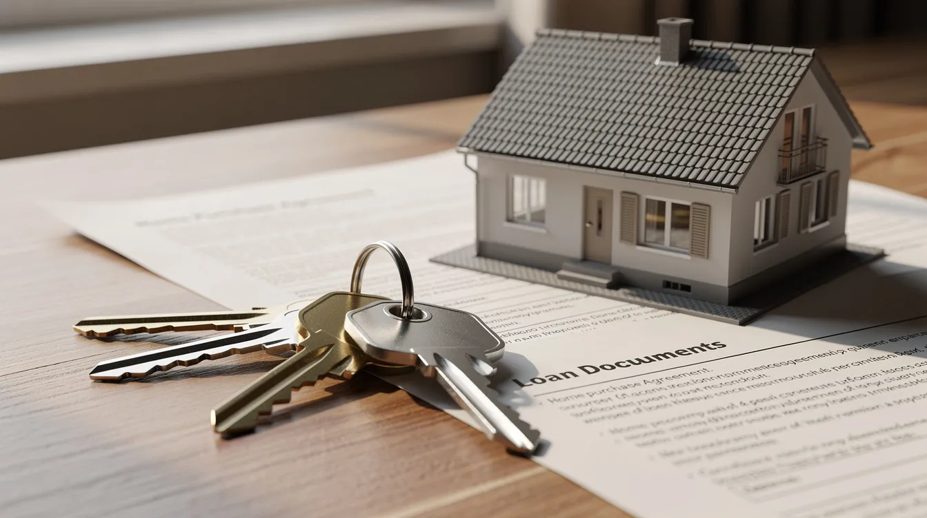 A set of house keys beside a small model house on a wooden desk with paperwork nearby, suggesting home ownership and financial planning