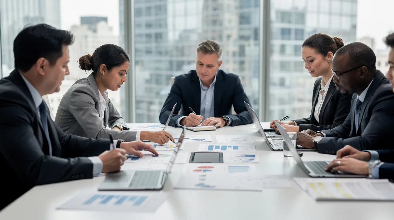 A group of business professionals are engaged in a collaborative meeting in a modern office, discussing various documents related to corporate tax and tax solutions. They appear focused and are likely exploring strategies to ensure compliance and reduce tax liability for their clients in the UAE.