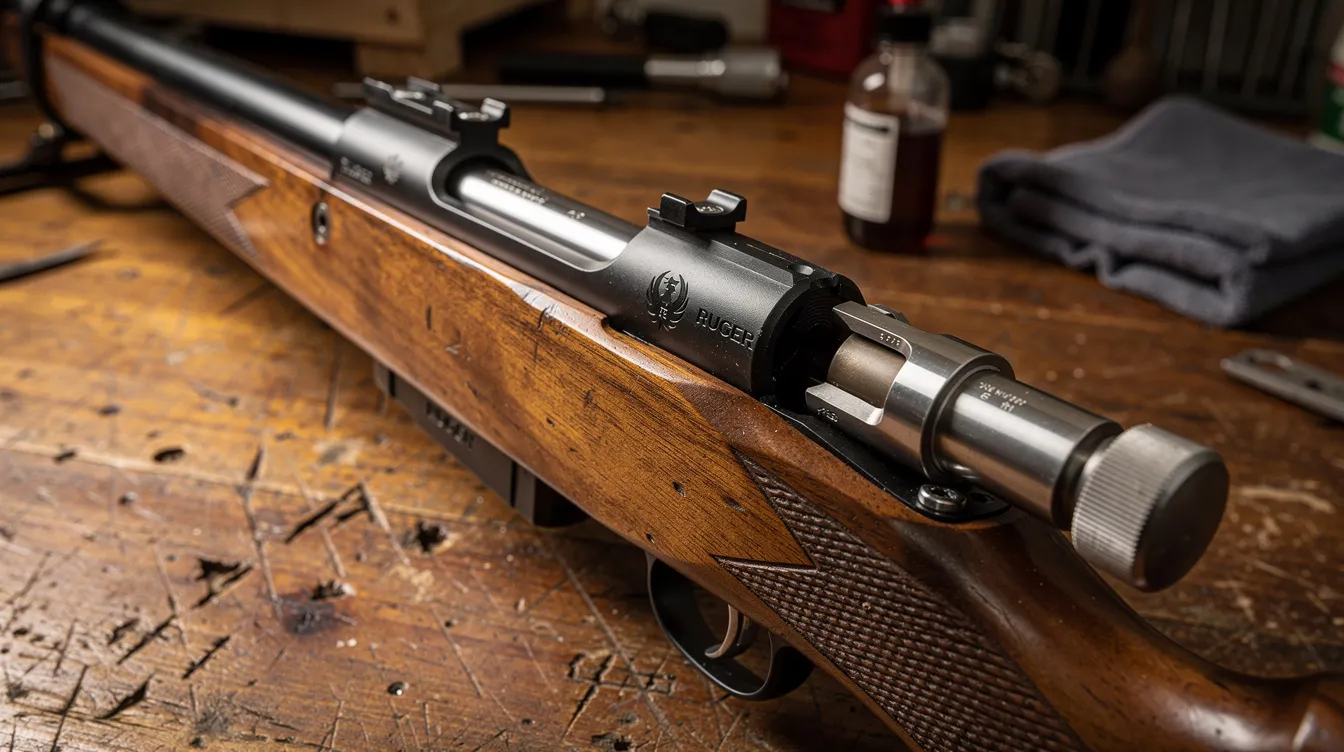 A close-up view of a Ruger M77 bolt action rifle is displayed on a wooden workbench, with the bolt opened, highlighting its sleek design and quality craftsmanship. The image captures the essence of firearm maintenance and the potential for upgrading components like the trigger for improved accuracy.