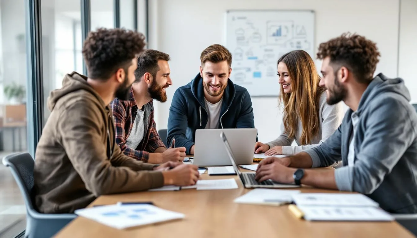Team Of Professionals Collaborating In An Office Using Zoho Apps For Project Management, Crm, Finance, And Communication On Laptops And Screens.
