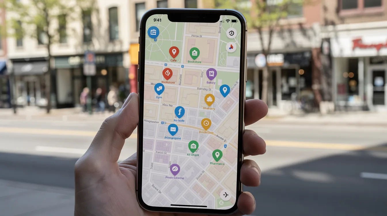 A smartphone screen shows a map application filled with colorful location pins representing various local businesses along a city street, highlighting their business details and enhancing local search visibility. This visual emphasizes the importance of accurate business information and consistent citations for improving local search rankings.