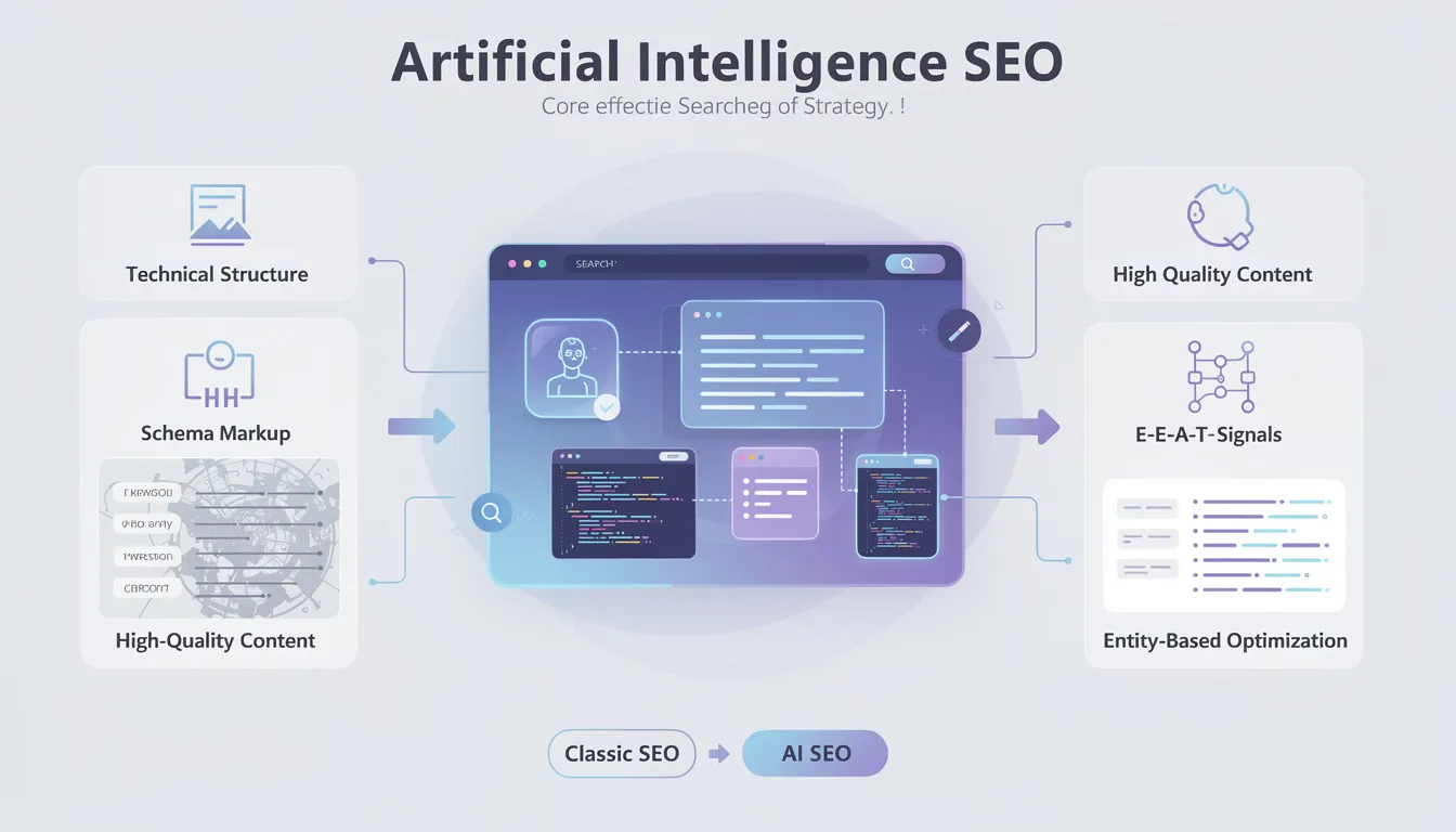The image illustrates the core components of an effective AI SEO strategy, highlighting the importance of clarity, structure, and credibility in content creation. It emphasizes how successful websites are optimized not only for search engines but also for AI-powered search engines, focusing on user intent and the integration of AI tools for enhanced search engine optimization efforts.