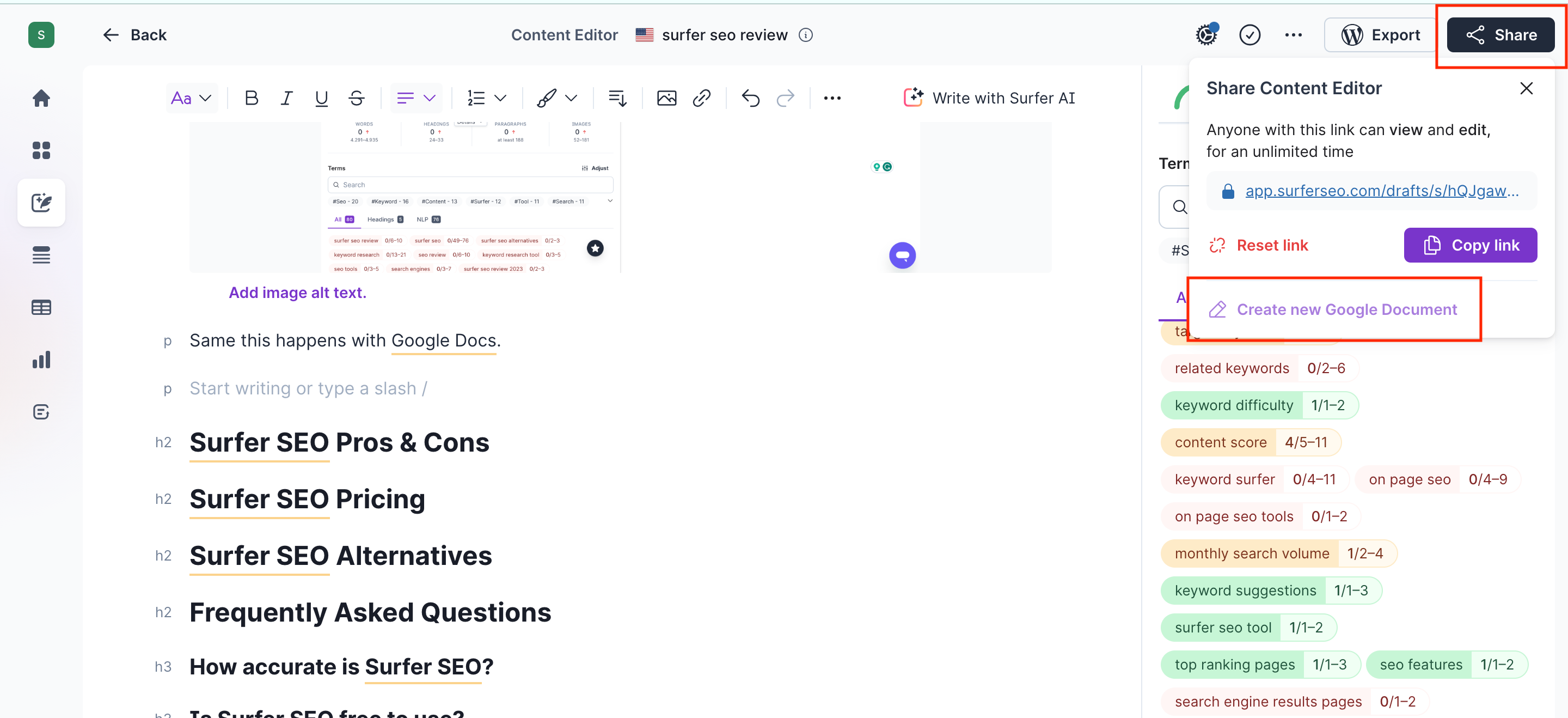 surfer seo extension on google docs