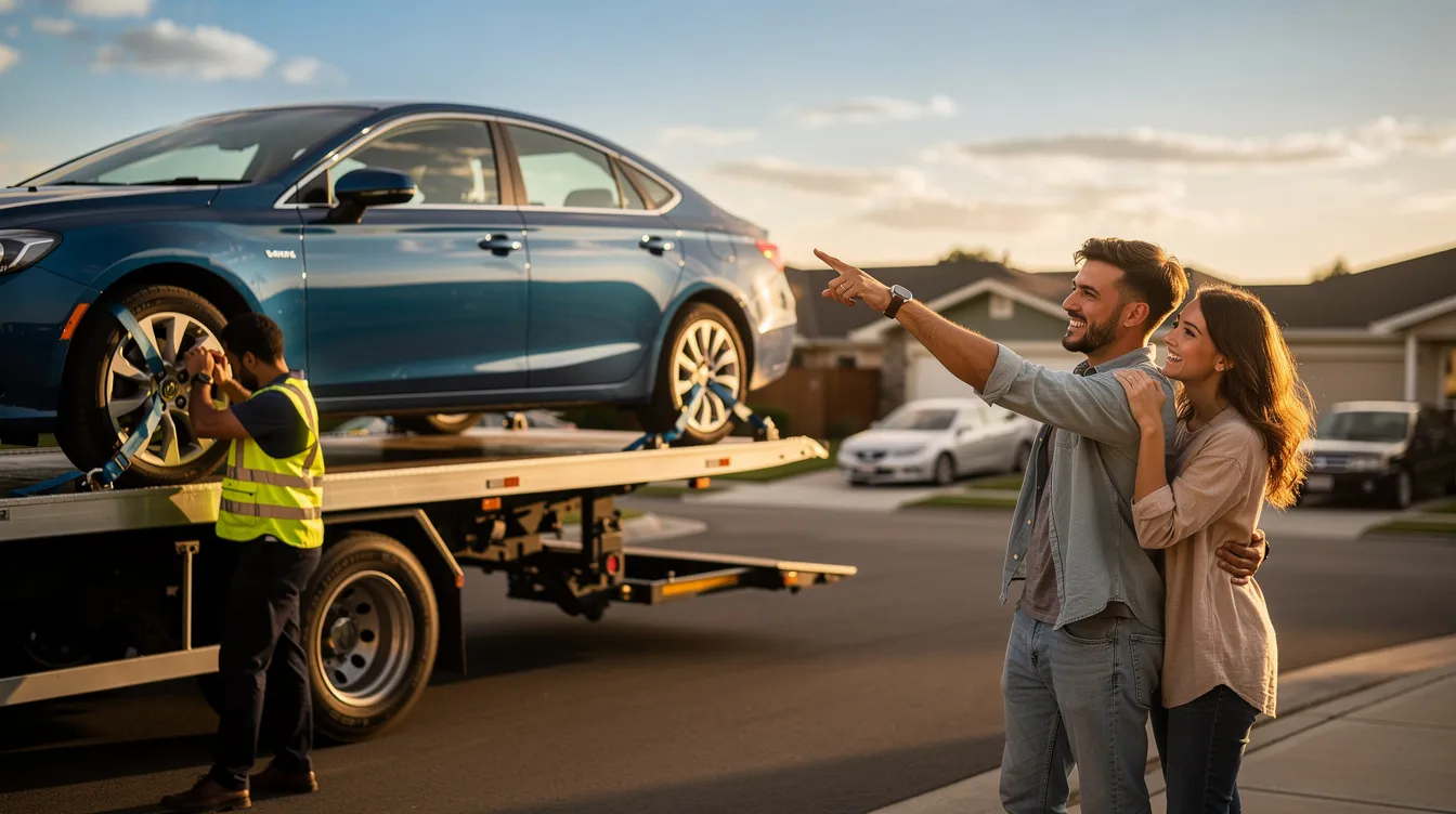The image depicts a budget-friendly car shipping service showcasing both open and enclosed transport options. Various vehicles are shown being loaded onto an open car carrier, emphasizing affordability and reliability in vehicle transport.