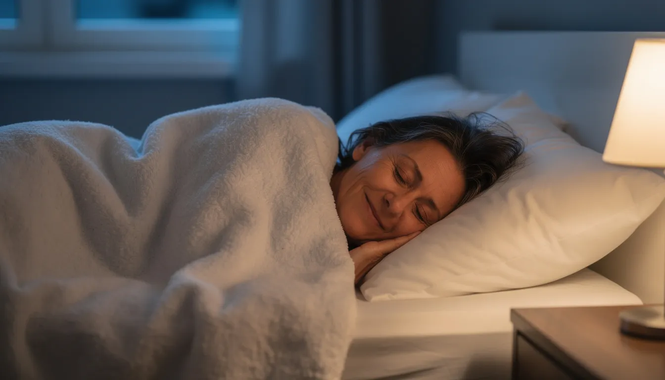 A middle-aged person is peacefully sleeping in bed, surrounded by soft pillows and blankets, suggesting a serene atmosphere conducive to improving sleep quality. This image reflects the importance of natural sleep supplements and relaxation techniques for those experiencing sleep difficulties, particularly for older adults.