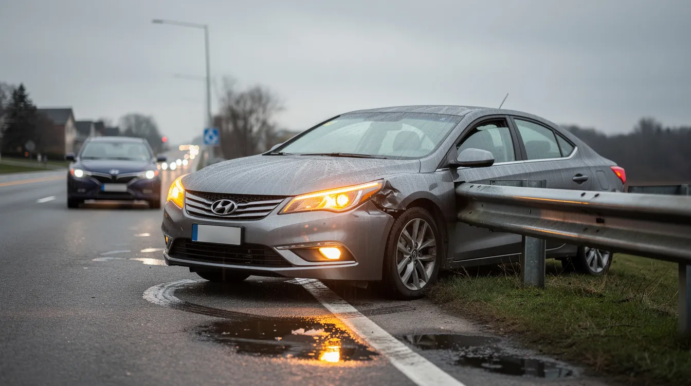 A car is pulled over to the side of the road after a minor collision, with its hazard lights flashing to alert other drivers. The scene shows the vehicle's position, visible damage, and surrounding road conditions, emphasizing the importance of taking photos immediately for insurance claims and documenting the crash scene.
