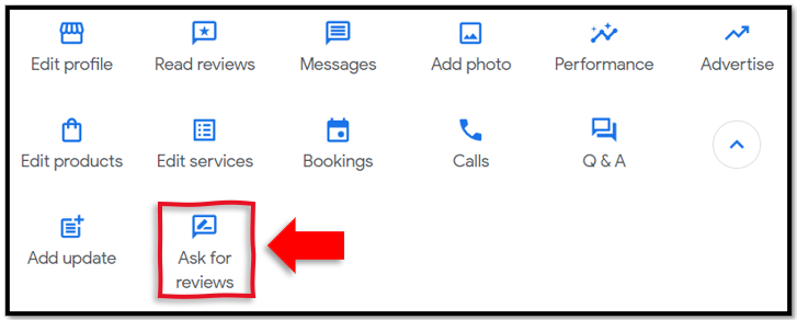 Image of the Google Business Profile magement screen with icons for editing the different sections of a business Google Business Profile Page with a box highlighting the "ask for reviews" icon.