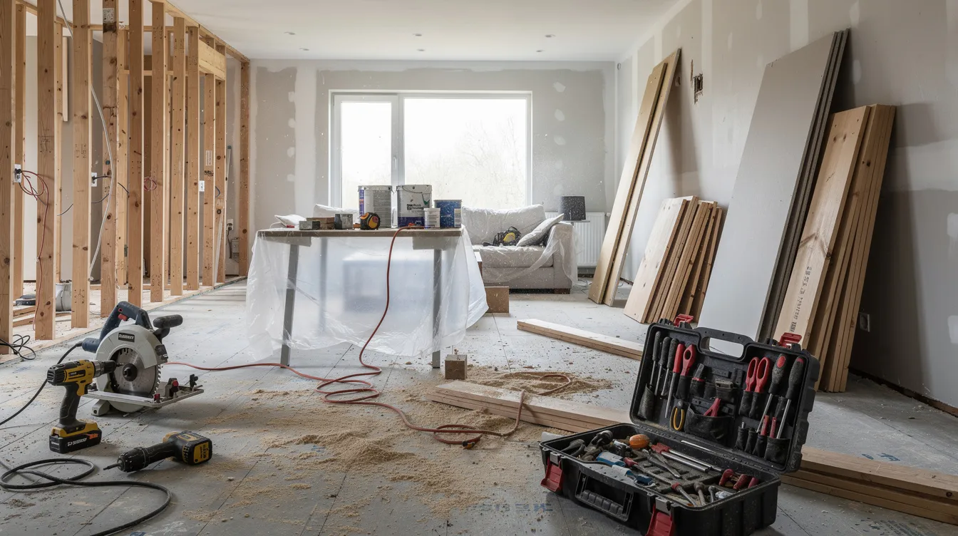 The image depicts a residential property undergoing renovation, showcasing various tools and building materials scattered around the space. This scene highlights the active process of real estate investing, which can involve leveraging business credit for financing options such as commercial real estate loans or traditional residential mortgages.