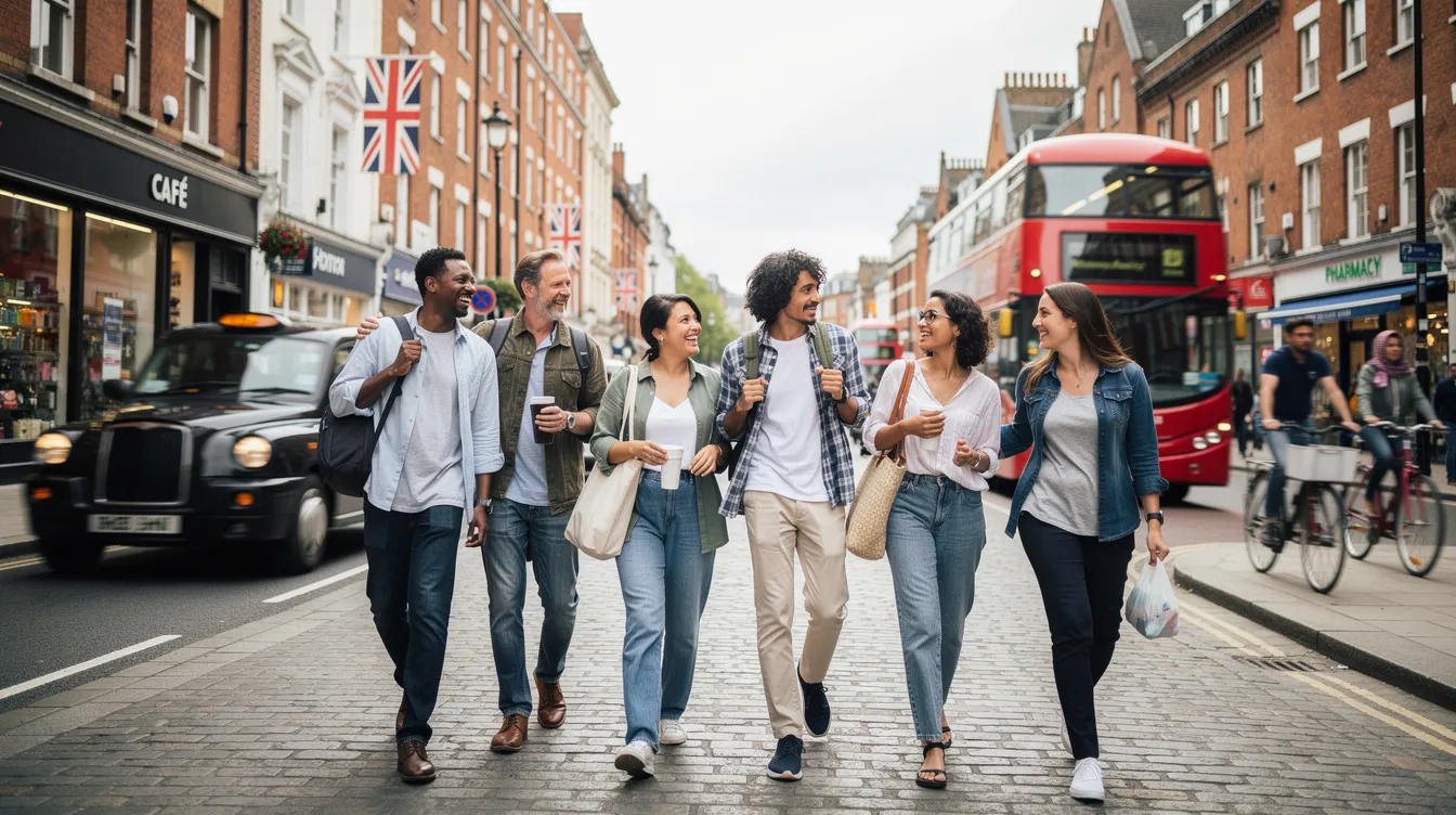 A diverse group of people, representing various cultures and backgrounds, is walking together on a bustling city street in the UK, highlighting the rich tapestry of community life. This scene reflects the implications of immigration in urban settings, where individuals navigate their daily lives amidst ongoing discussions about immigration enforcement and policies.