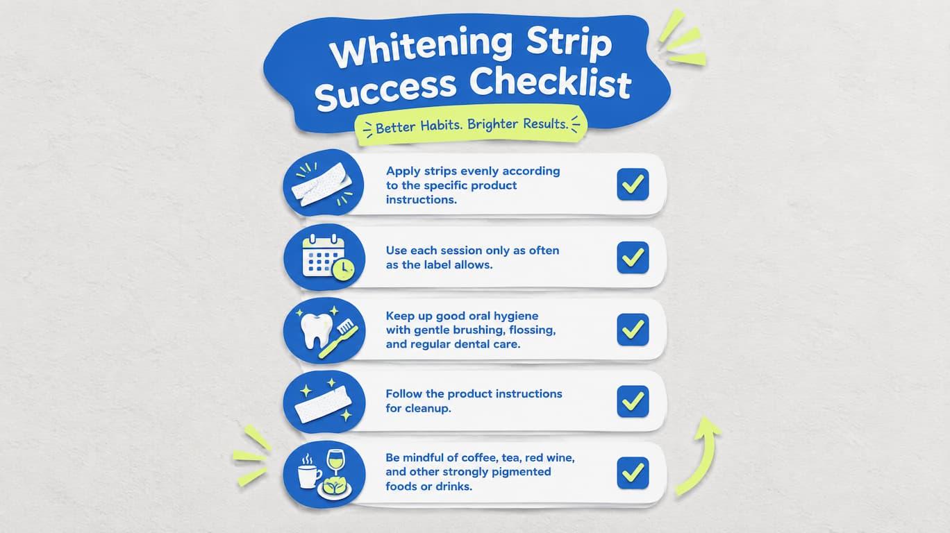 Whitening strip success checklist: apply strips evenly per the product instructions, use sessions only as often as the label allows, keep up gentle oral hygiene, follow cleanup directions, and be mindful of coffee, tea, red wine, and other pigmented foods or drinks
