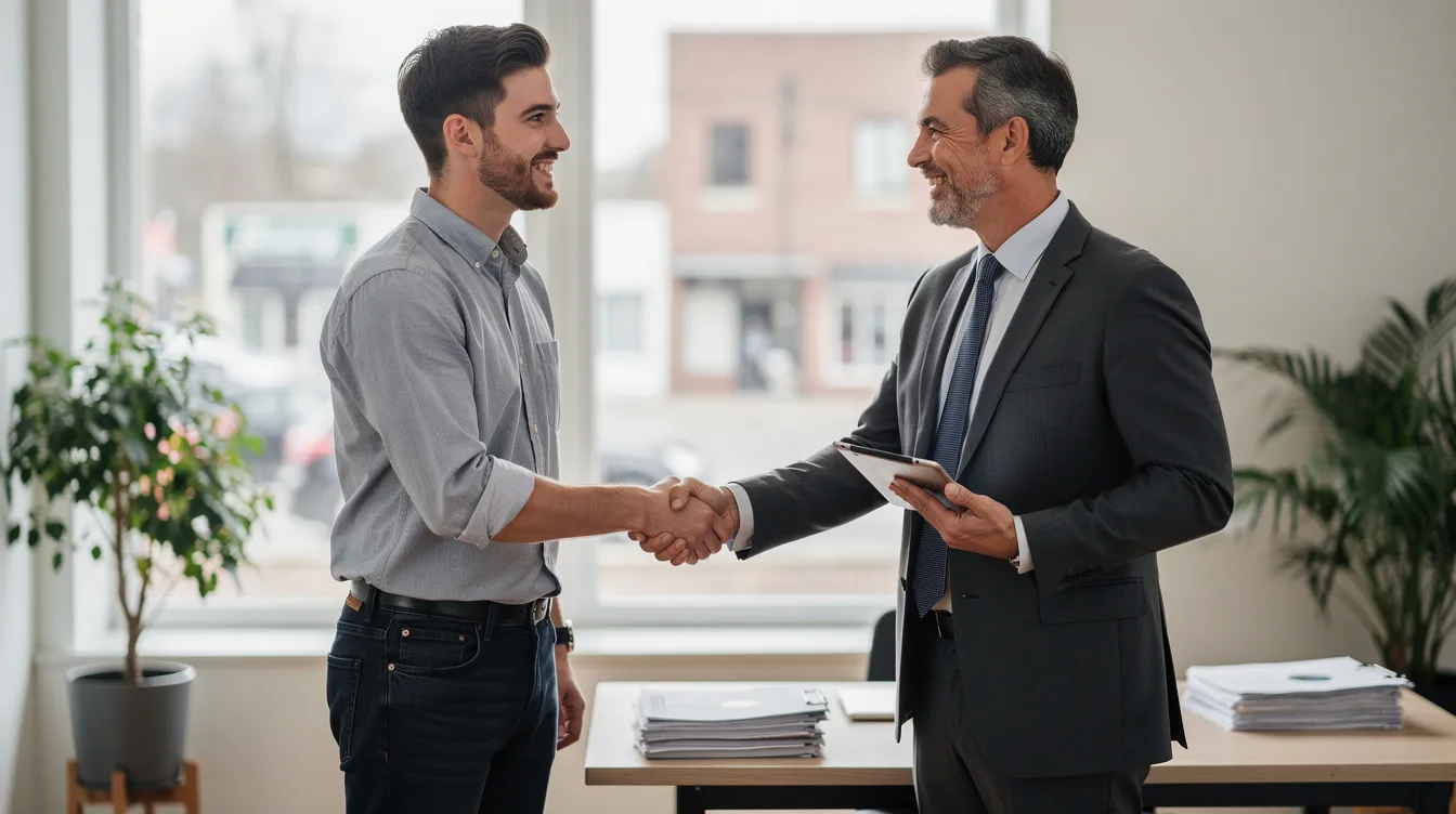 A small business owner and a business loan broker are shaking hands, symbolizing the successful conclusion of a funding deal in New York. This moment reflects the commitment to support small businesses through options like merchant cash advances and business loans.