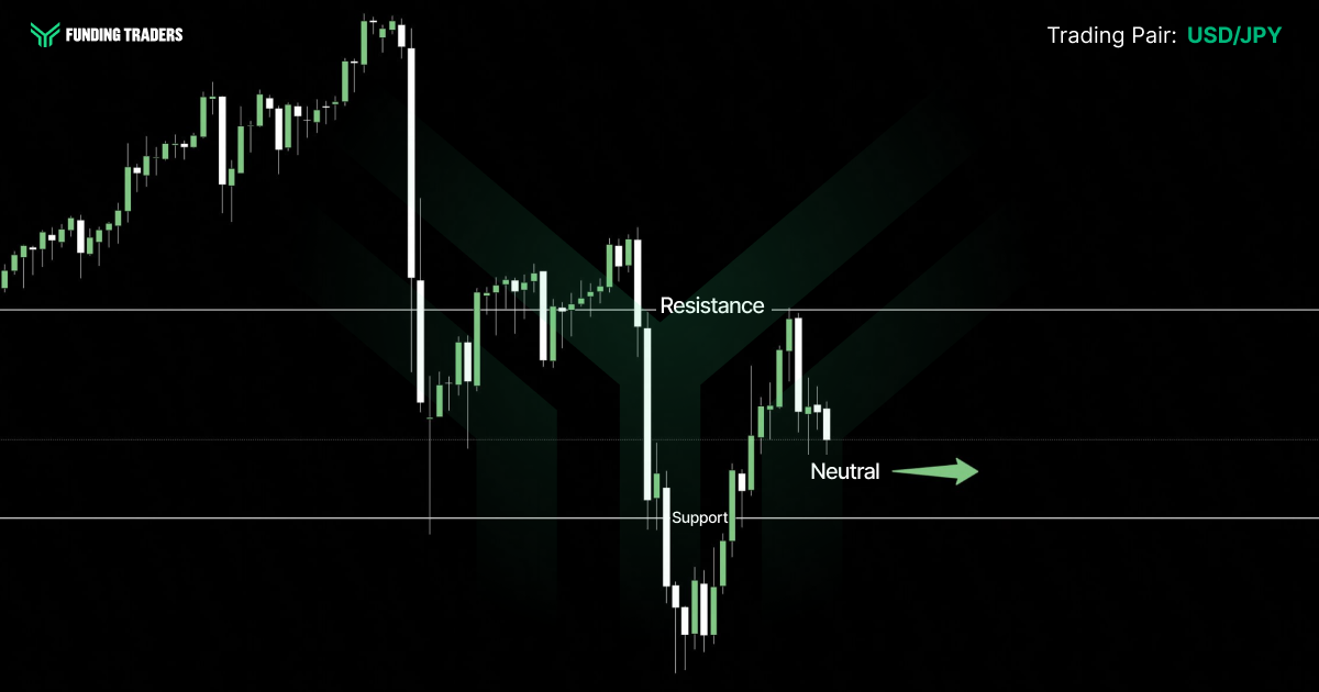 FundingTraders candlestick chart of USD/JPY showing an uptrend that reverses into a sharp decline below support, followed by a rebound that stalls at resistance, leaving price ranging between the two levels with a sideways arrow signaling a neutral outlook. Text reads: "FUNDING TRADERS. Trading Pair: USD/JPY. Resistance. Support. Neutral."