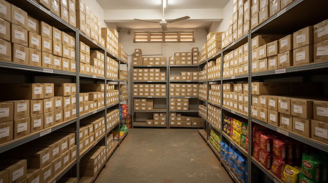 The image depicts a small Indian warehouse with neatly organized cardboard boxes on shelves, showcasing a well-structured product inventory. This setup reflects the efficient management of small and micro enterprises, which can benefit from financial assistance through schemes like the Pradhan Mantri Mudra Yojana to support their business plans and credit needs.