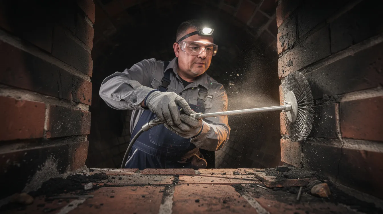 A professional chimney sweep is seen in close-up, using specialized tools to clean the inside of a brick chimney, ensuring fireplace safety by reducing creosote buildup. This maintenance helps prevent dangerous fires and promotes efficient airflow for a warm and safe home during the colder months.