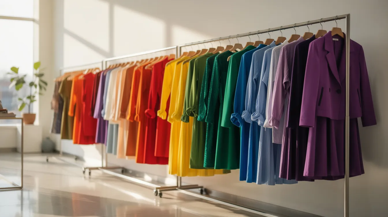 The image features a vibrant display of colorful clothing items neatly hanging on a rack in a bright retail space, showcasing a wide product range ideal for an online fashion store. This visually appealing setup is perfect for attracting customers interested in the latest fashion trends and dropshipping business opportunities.