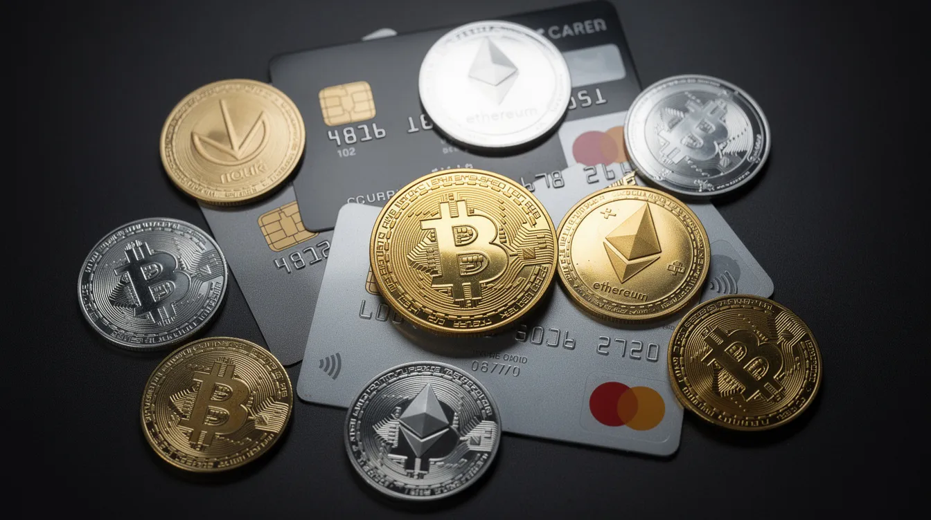 The image features an array of credit cards alongside various cryptocurrency coins, all displayed on a dark surface, highlighting the growing trend of crypto payments. This visual represents the shift towards accepting crypto payments as an alternative to traditional payment systems, emphasizing the importance of payment gateways in modern transactions.