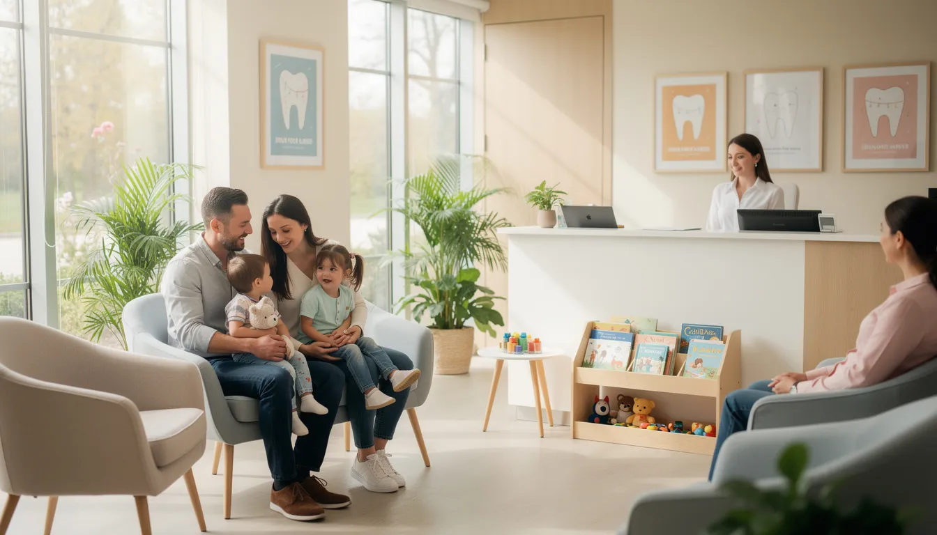 A family with children is seated in a bright and welcoming dental office waiting room, surrounded by colorful decor and comfortable seating, emphasizing the importance of regular dental visits for maintaining good oral health and preventing dental problems. The inviting atmosphere encourages families to prioritize their dental care and schedule routine checkups.