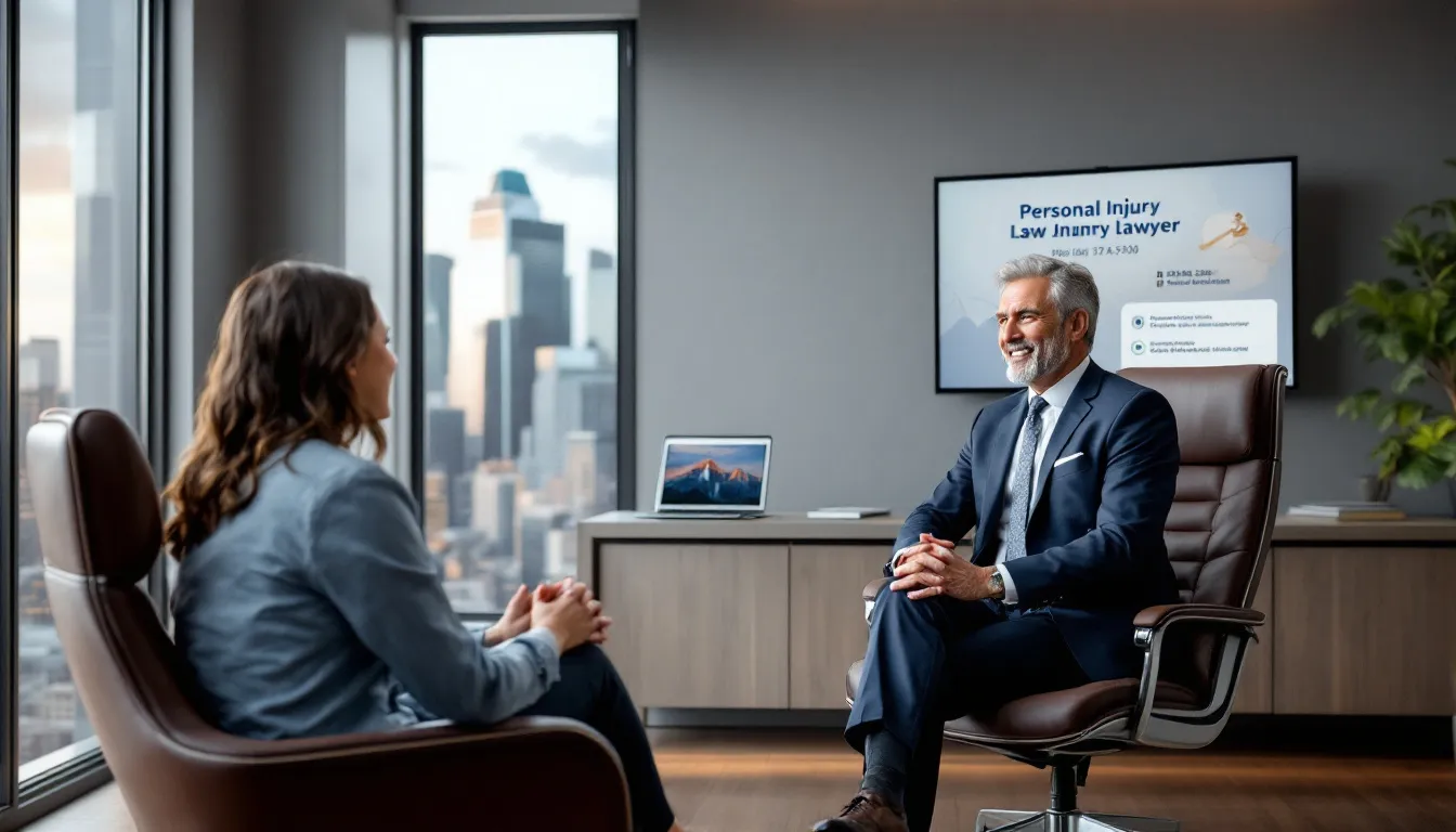 A professional setting with a personal injury lawyer discussing a case with a client.