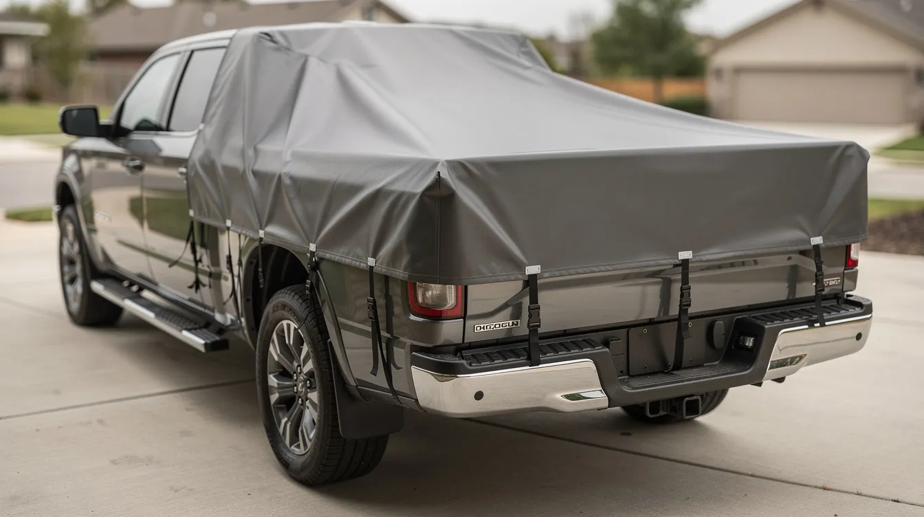 A heavy-duty waterproof tarp is securely fastened over the bed of a pickup truck with straps, providing protection against rain and moisture. This durable tarp, made from high-quality materials, is ideal for shielding equipment and cargo from the elements.