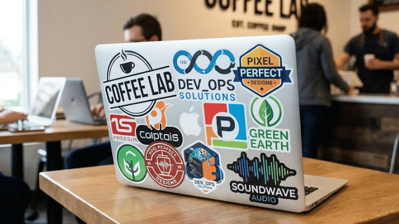 Custom stickers on a laptop help advertising