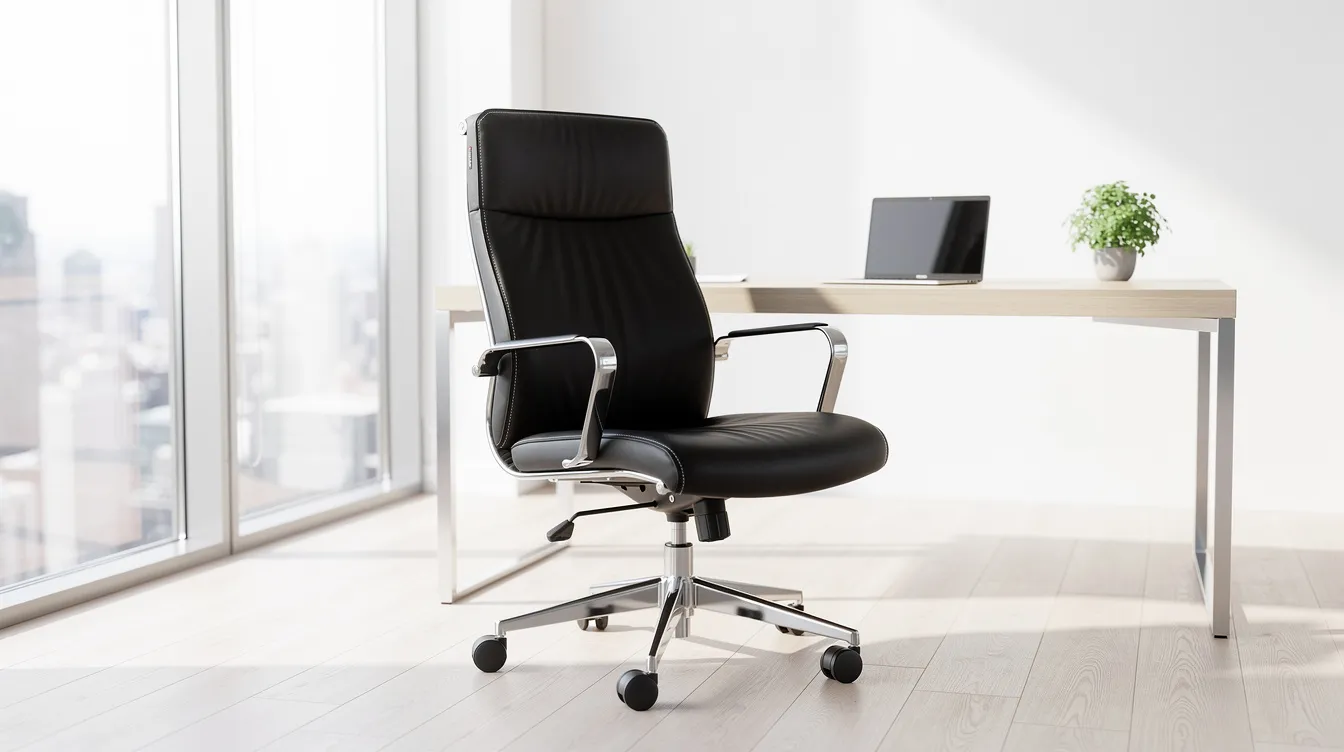 En elegant svart läderkontorsstol i äkta läder står i ett ljust och modernt kontor med stora fönster, bredvid ett träskrivbord. Stolen har armstöd och ett ergonomiskt design, vilket bidrar till komforten på arbetsplatsen.
