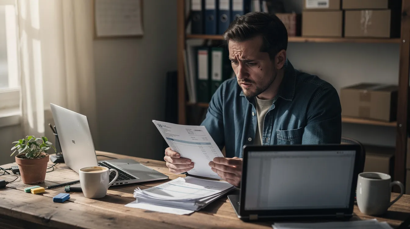 8a140f24 3cbb 42ae 8d33 7e3a526e596f The image shows a small business owner sitting at a desk, looking worried as they review financial papers, likely related to their credit needs for a business loan. This scene reflects the challenges faced by entrepreneurs in securing funding through various financial institutions, such as those offering mudra loans under the Pradhan Mantri Mudra Yojana.