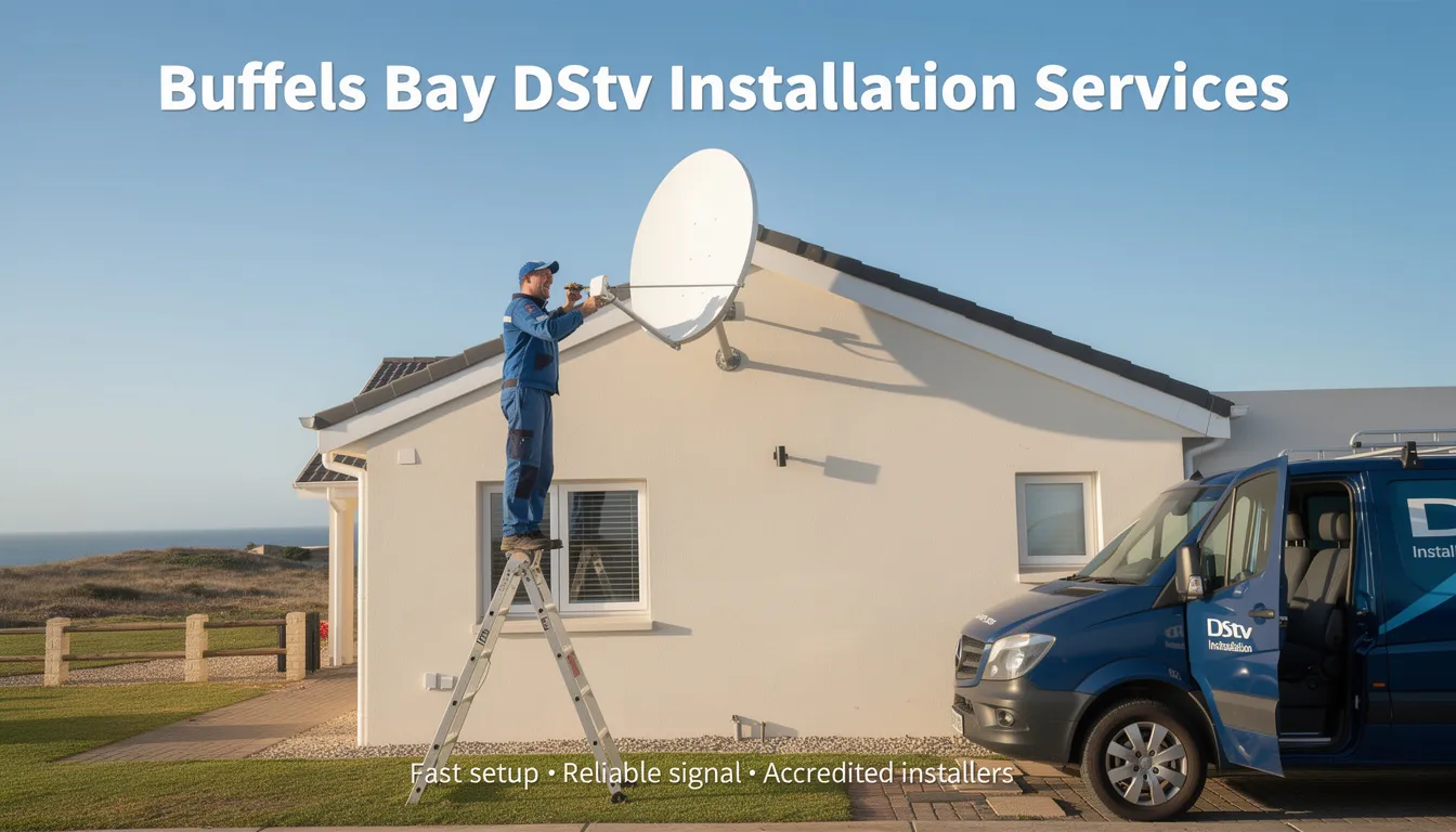 The image depicts a professional DStv installation service in Buffels Bay, showcasing a technician carefully setting up a satellite dish and decoder for a customer. The scene emphasizes the importance of skilled installation and repair services, highlighting the efficiency and reliability of accredited DStv installers.
