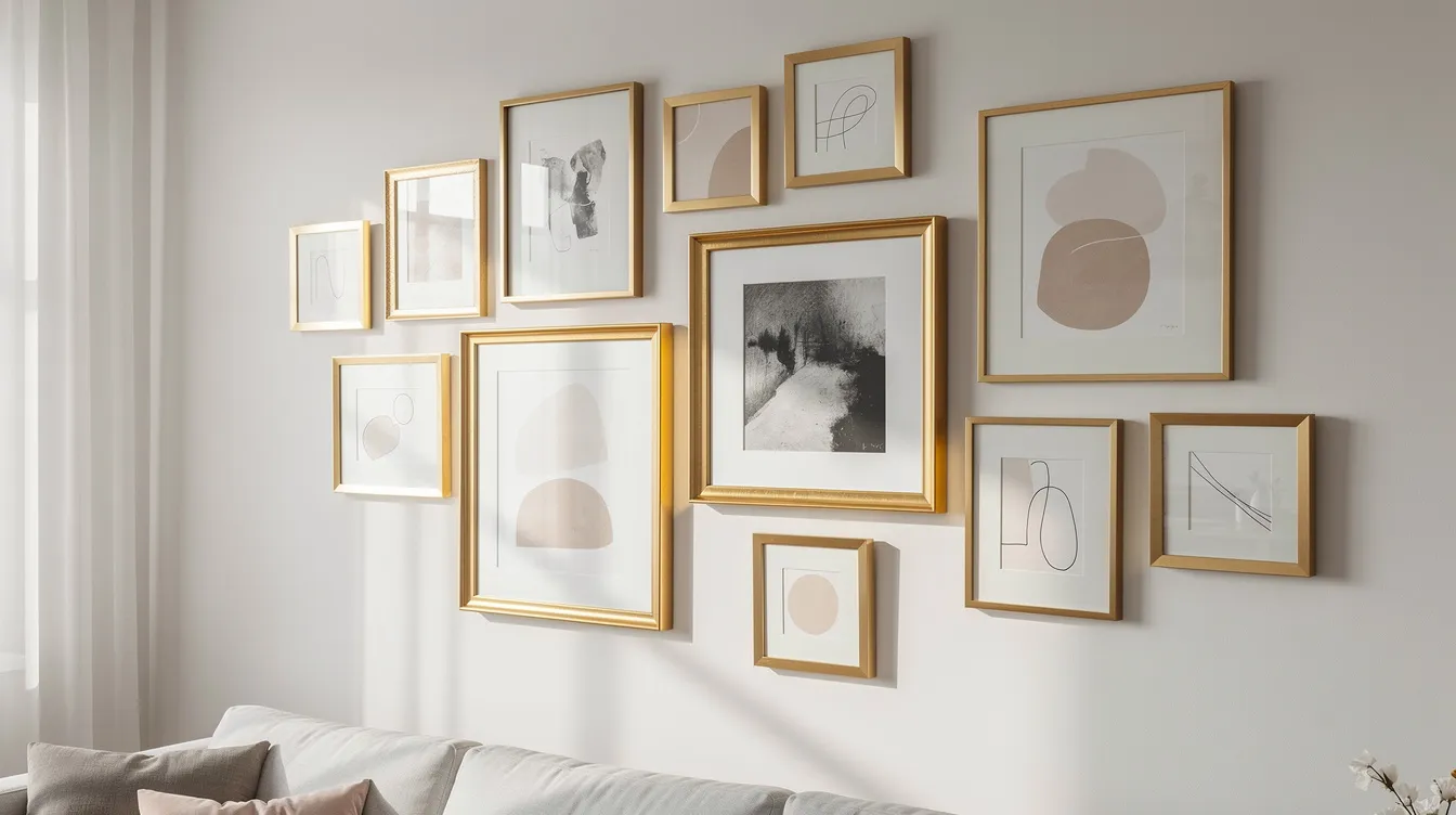 En tavelvägg med blandade guldram i olika storlekar, inklusive 30x40 och 50x70, pryder en vit vägg. Ramarna, i guldfärgade metall och trä, visar upp flera foton och ger ett elegant intryck.
