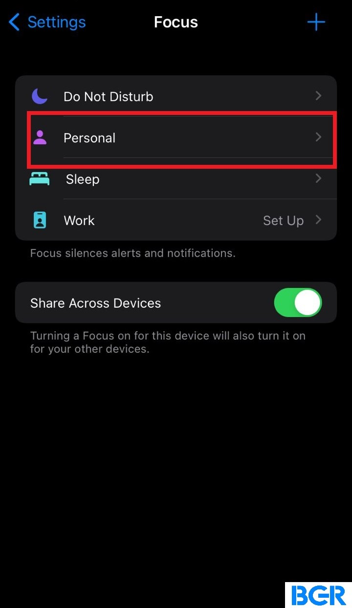Toggle on personal  before you share focus status