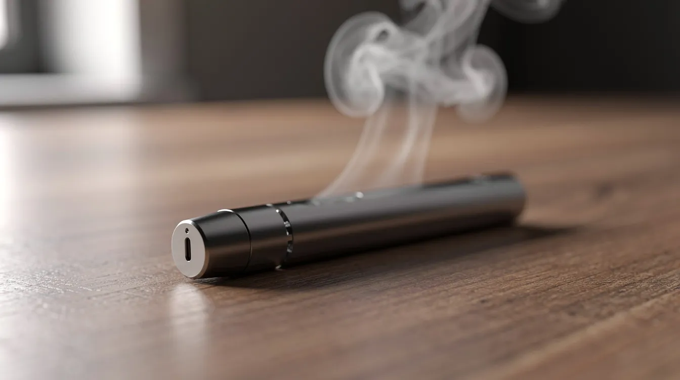 A sleek modern vape pen is positioned on a wooden table, with a small cloud of vapor softly rising in the background, showcasing its smooth airflow and vapor production. This image highlights the vape device's design, perfect for a satisfying vaping experience.