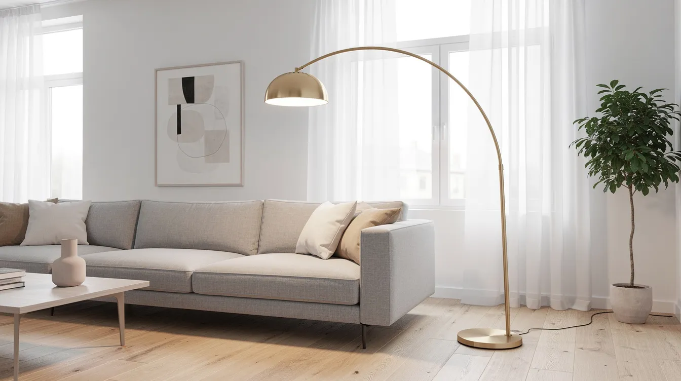 En bågformad golvlampa i mässing sträcker sig elegant över en soffa i ett ljust vardagsrum, vilket skapar en modern och stilren belysning. Lampan bidrar till en varm atmosfär och passar perfekt in i inredningen, vilket gör den till en viktig del av rummet.