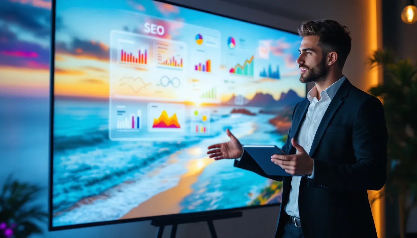 A small business owner analyzing SEO strategies in Orange County.
