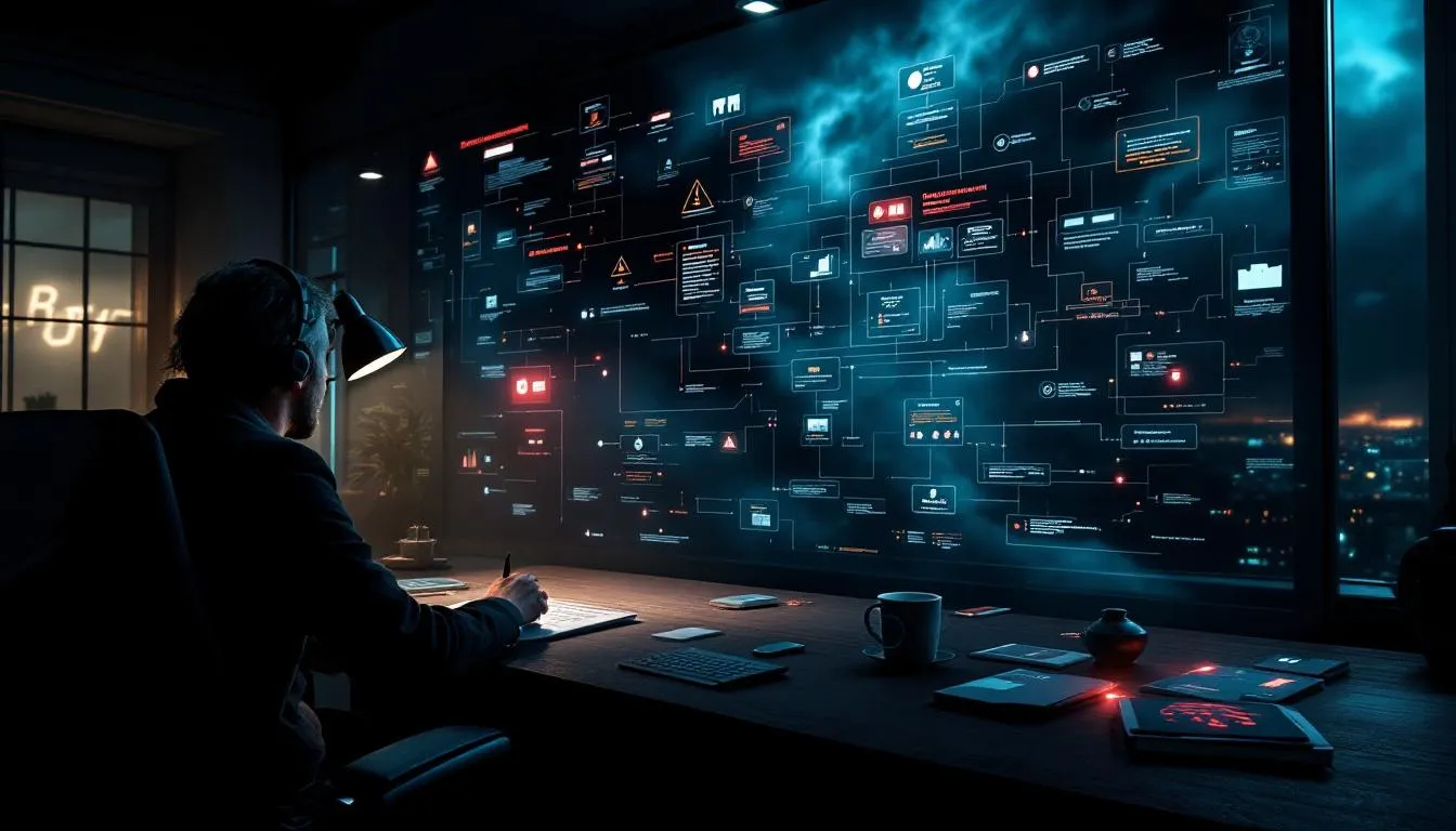 Person analyzing network diagram illustrating risk management strategies and internal control weaknesses.