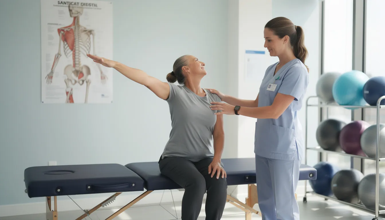 A physical therapist is assisting a patient with shoulder and neck mobility exercises, focusing on improving blood flow and alleviating symptoms such as arm pain and muscle weakness. The therapist demonstrates techniques that may help reduce discomfort and enhance mobility, addressing potential warning signs related to chest pain or arm numbness.