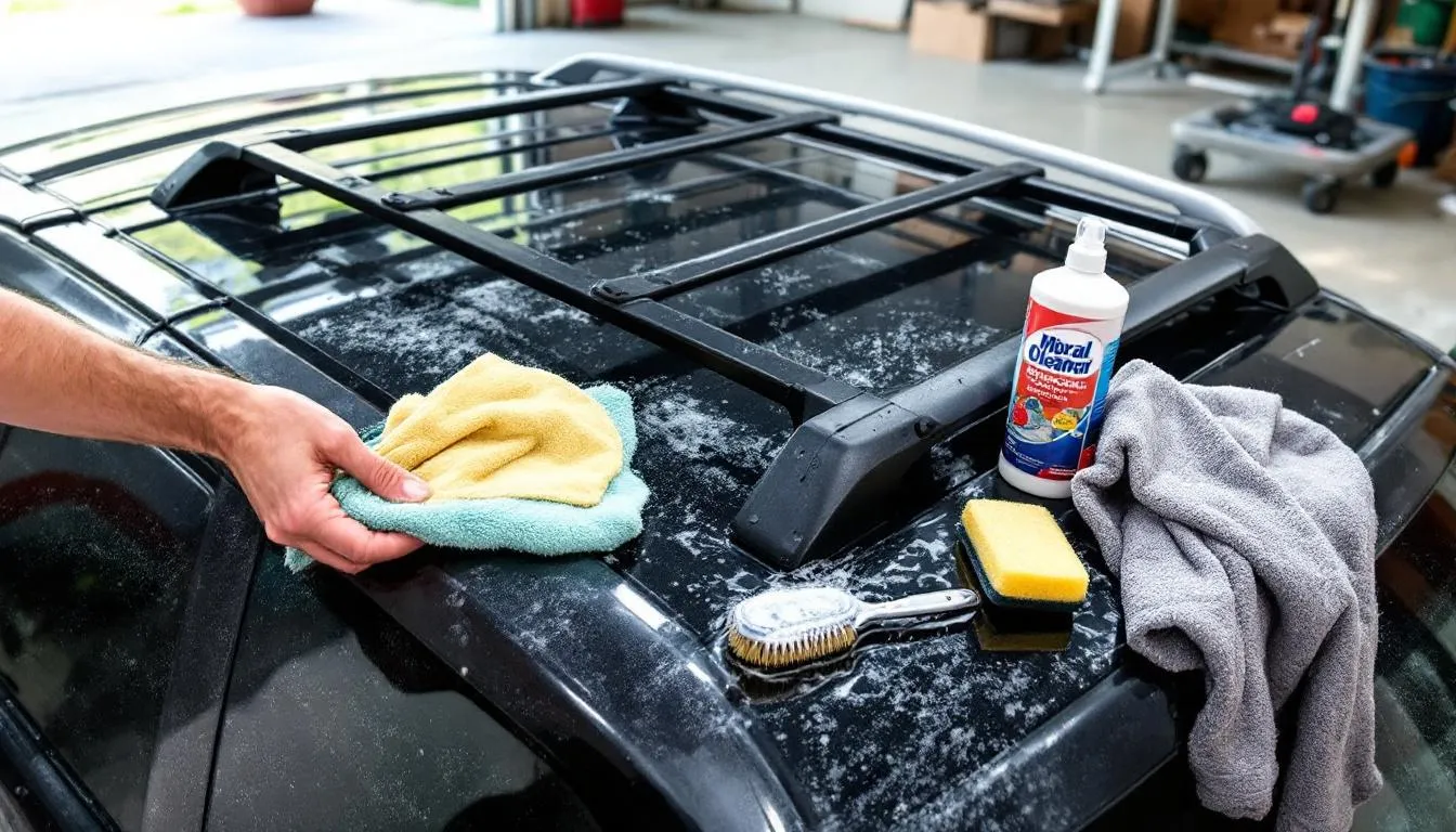An individual is cleaning and maintaining a roof rack system, with various tools and cleaning supplies arranged nearby. The scene highlights the importance of proper care for car roof racks to ensure their durability and stability during road trips and adventures.