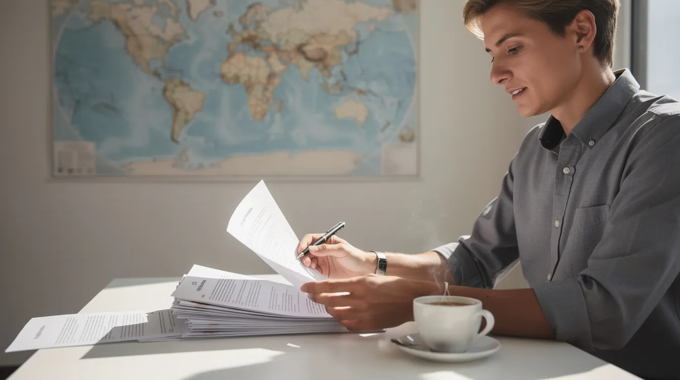 A person is seated at a desk, examining documents with a cup of coffee beside them, while a world map hangs on the wall behind. This scene reflects the meticulous nature of the visa application process, often required by foreign nationals seeking entry into Ireland through the Dublin visa office.