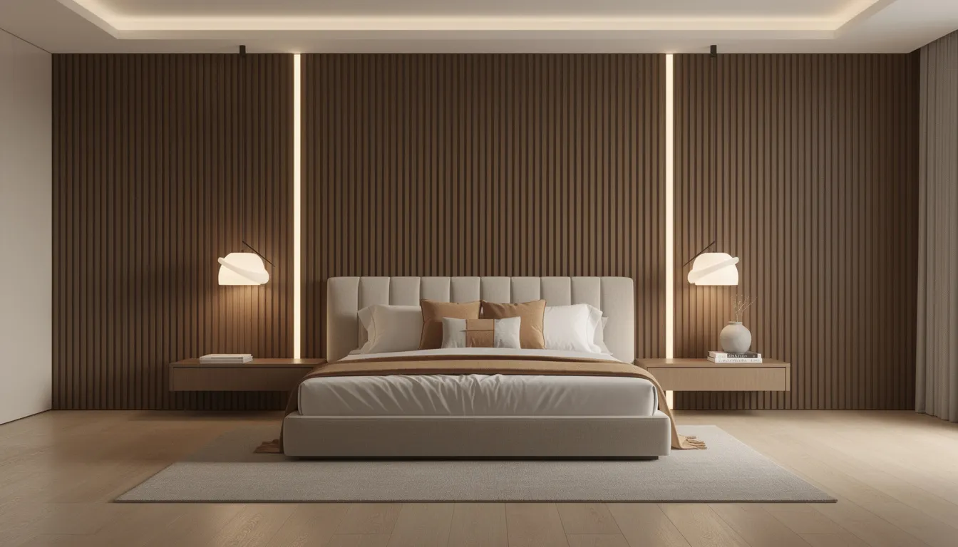 Een luxe slaapkamer met een vloer-tot-plafond MDF lattenwand in warme houttint, die achter een kingsize bed is geplaatst. De sfeervolle verlichting accentueert de natuurlijke houttinten van de decoratieve wandpanelen en creëert een ontspannen ambiance.