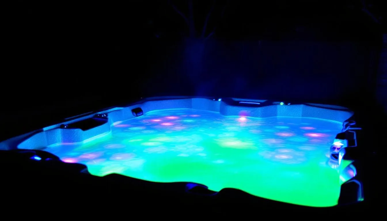 A beautifully illuminated hot tub featuring a new LED lighting system that casts vibrant colors, creating a relaxing ambiance at night. This spa is perfect for enjoying moments of tranquility and leisure under the stars.