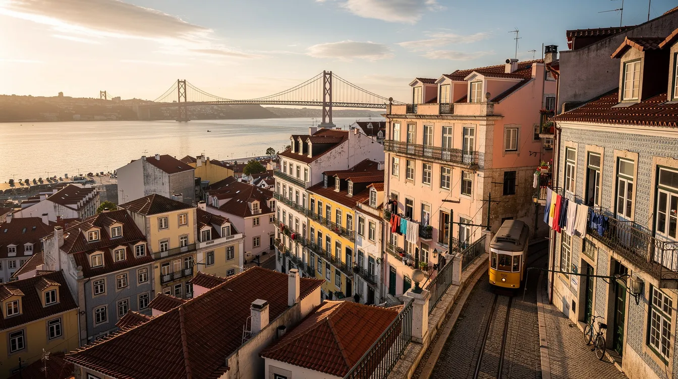 A imagem retrata a bela cidade de Lisboa, capital portuguesa, com destaque para o imponente Mosteiro dos Jerónimos e a famosa Praça do Comércio, ambos pontos turísticos icônicos. Ao fundo, é possível ver o Rio Tejo, que complementa a vista deslumbrante das colinas e ruas históricas da cidade.