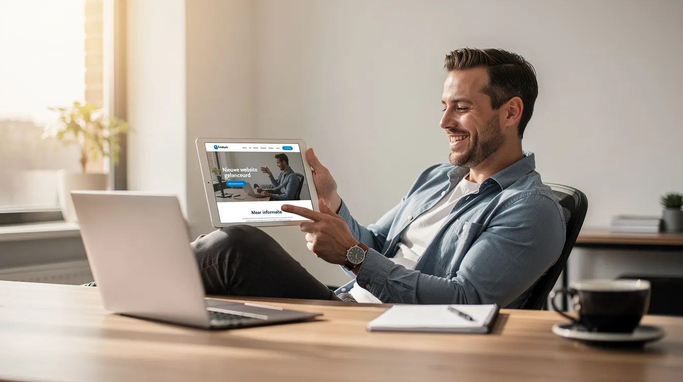 Een tevreden ondernemer bekijkt zijn nieuwe professionele website op een tablet, terwijl hij nadenkt over de registratie van zijn eigen domeinnaam en de mogelijkheden om zijn zakelijke e-mailadres te integreren. De interface van de website is gebruiksvriendelijk en geoptimaliseerd voor mobiele apparaten.